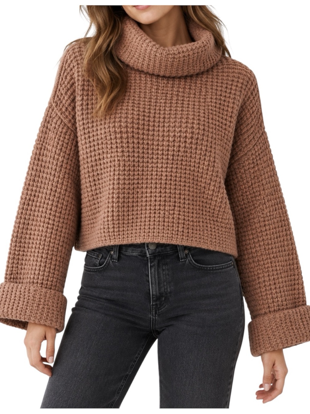 Free People Park City Women’s XS Cropped Waffle Knit Sweater Tan Cuffed Sleeves
